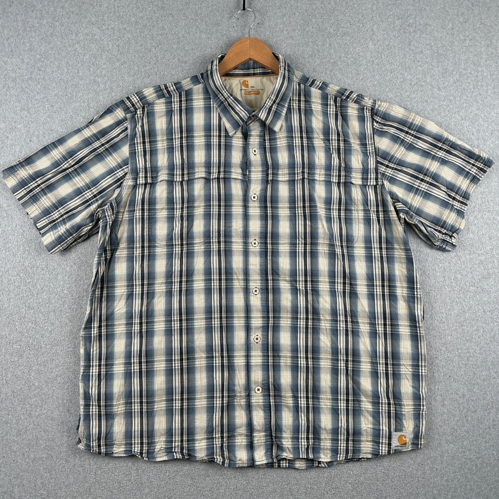 Carhartt Button Up Mens 2XL Blue Plaid Relaxed Fit Short Sleeve‎ Work Shirt